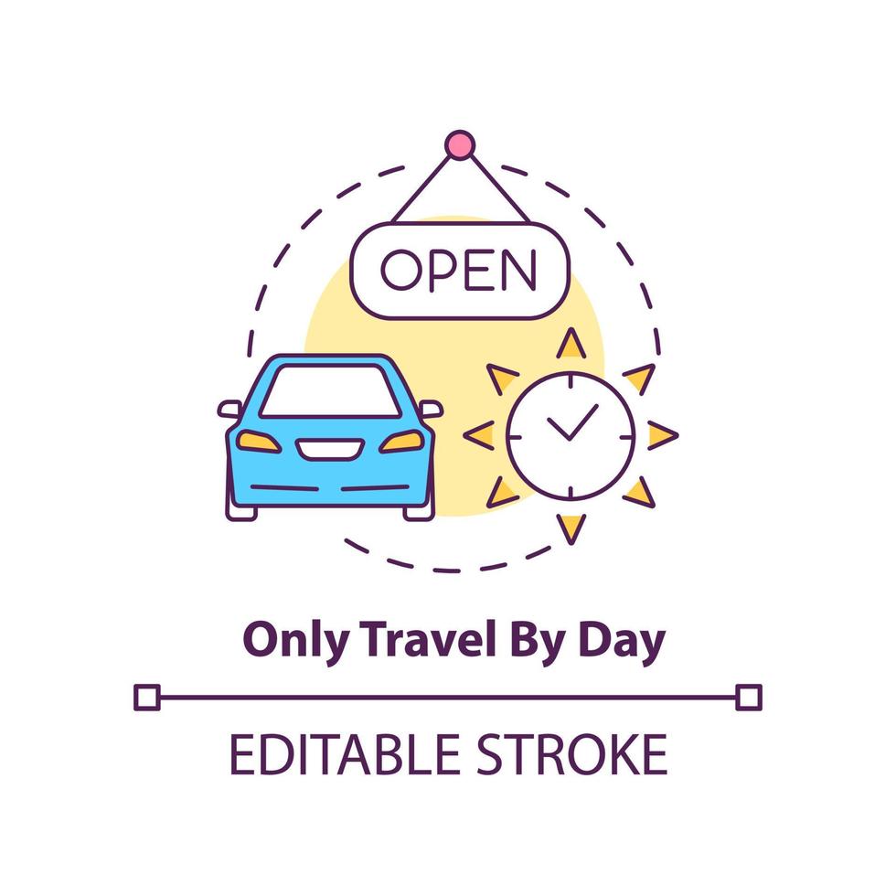 Only travel by day concept icon. Safe adventure. Road trip advice abstract idea thin line illustration. Isolated outline drawing. Editable stroke. vector