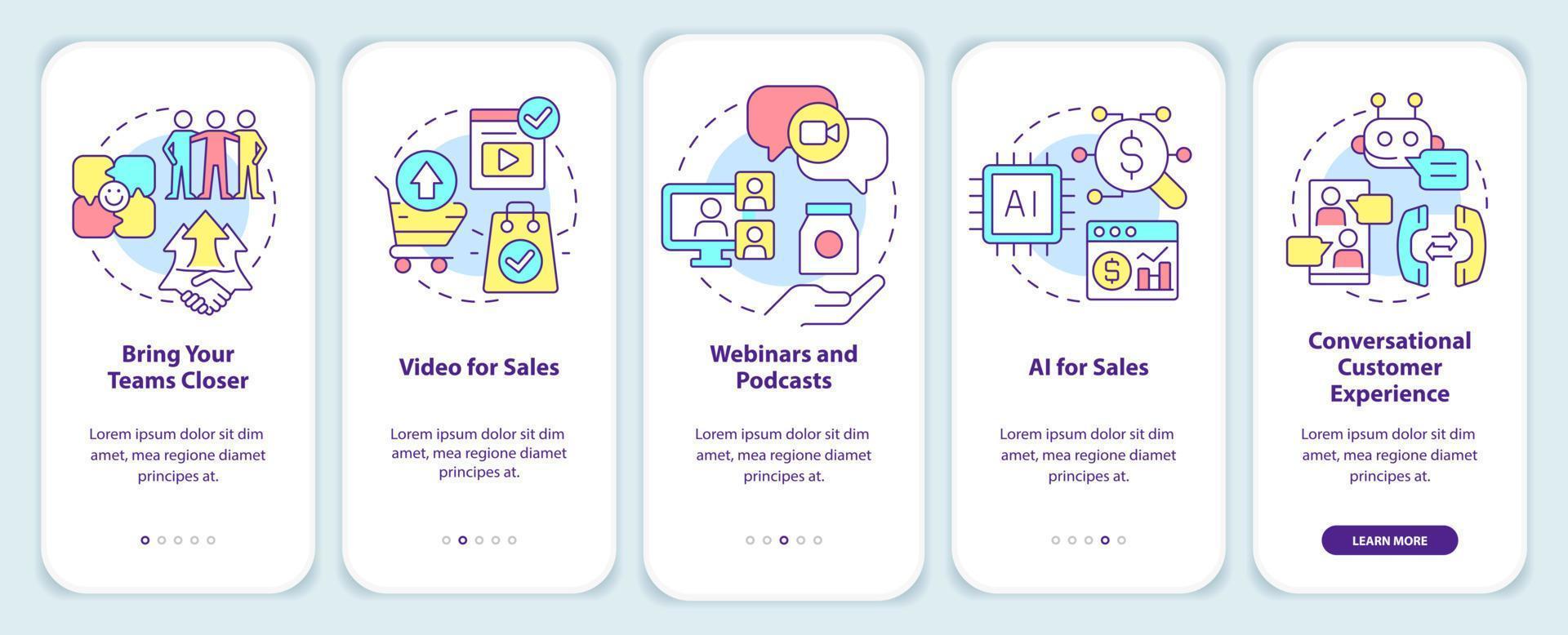 Sales trends onboarding mobile app screen. Marketing development walkthrough 5 steps editable graphic instructions with linear concepts. UI, UX, GUI template. vector