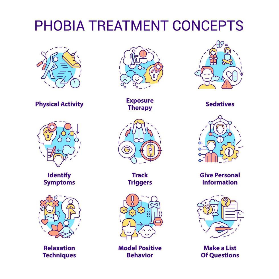 Phobia treatment concept icons set. Therapy techniques. Anxiety disorder idea thin line color illustrations. Isolated symbols. Editable stroke. . vector