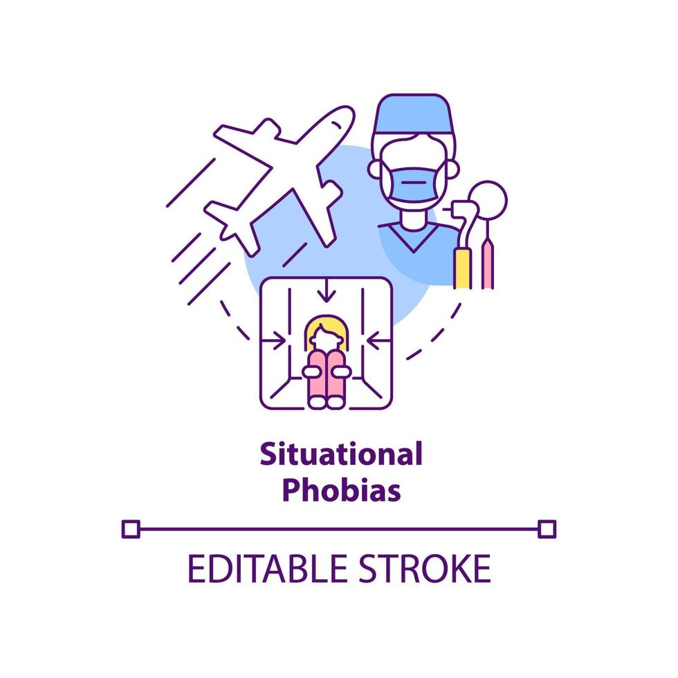Situational phobias concept icon. Anxiety disorder. Specific phobias abstract idea thin line illustration. Isolated outline drawing. Editable stroke. vector