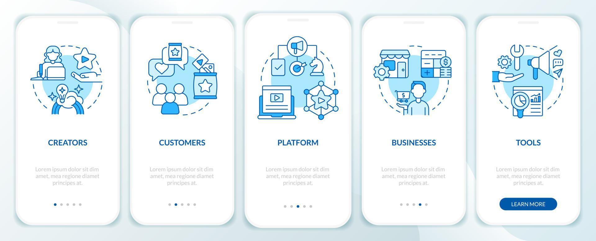 Creator economy stakeholders blue onboarding mobile app screen. Walkthrough 5 steps editable graphic instructions with linear concepts. UI, UX, GUI template. vector