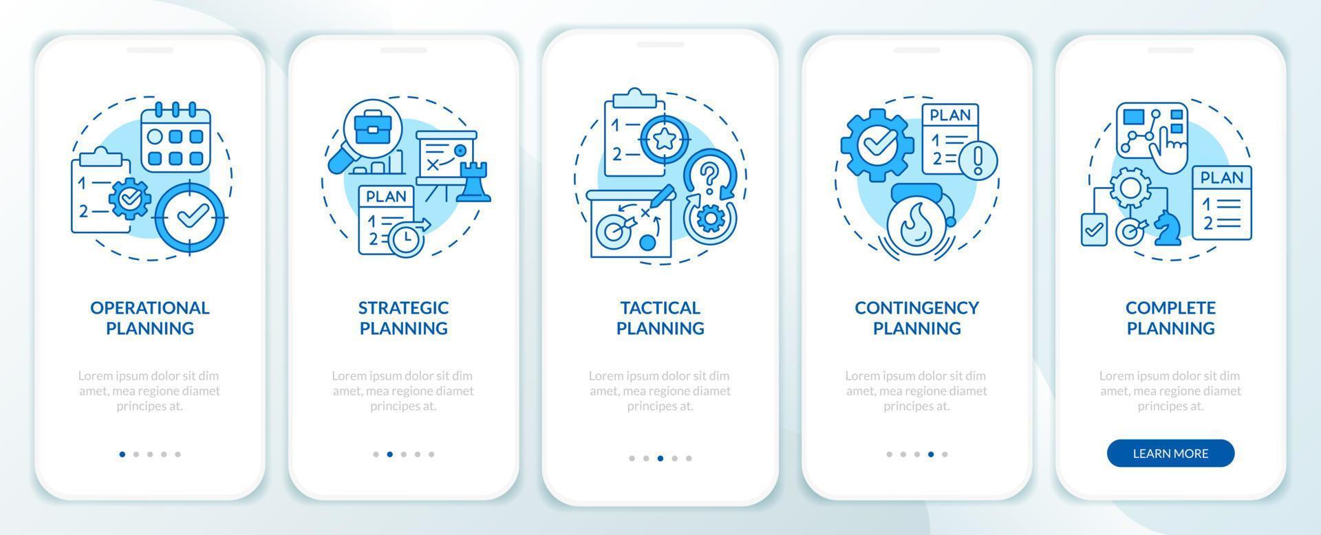 Types of plans blue onboarding mobile app screen. Business development walkthrough 5 steps editable graphic instructions with linear concepts. UI, UX, GUI template. vector