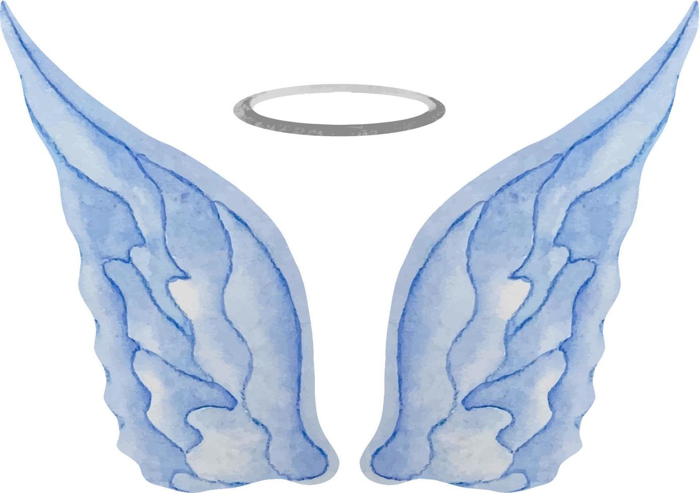 Watercolor blue delicate angel wings with silver halo. Realistic wings illustration. vector