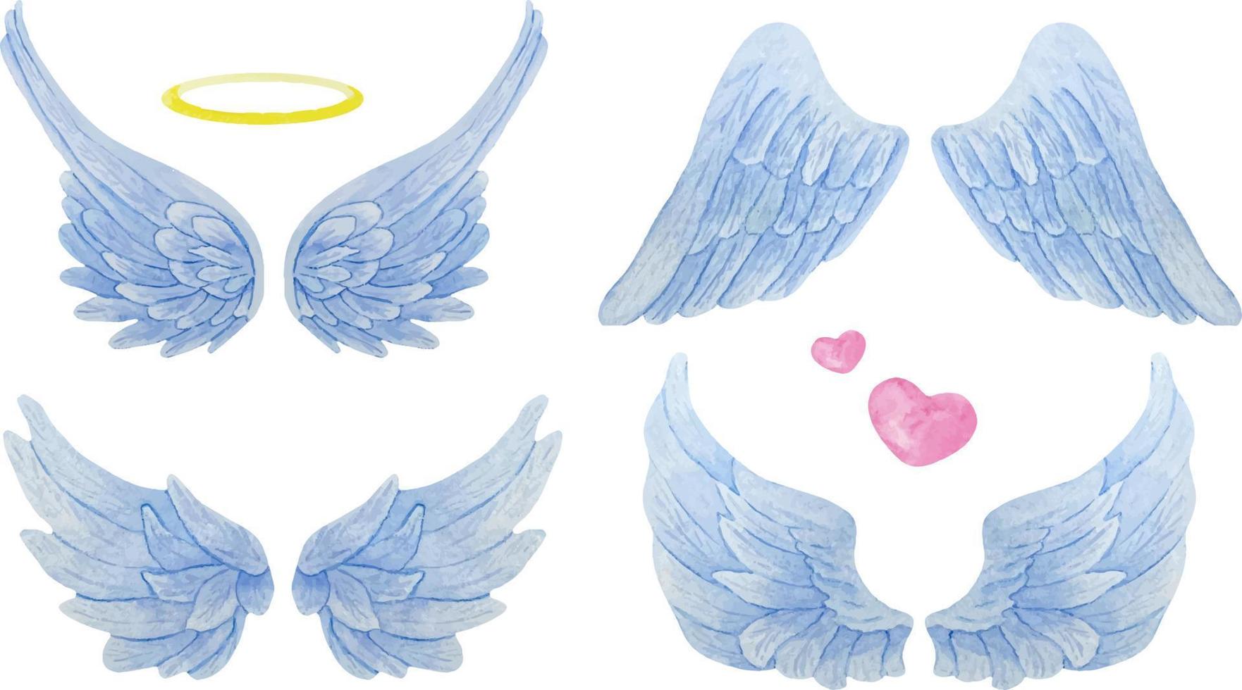 Set of watercolor blue angel wings with gold halo and hearts. Realistic wings illustration. vector