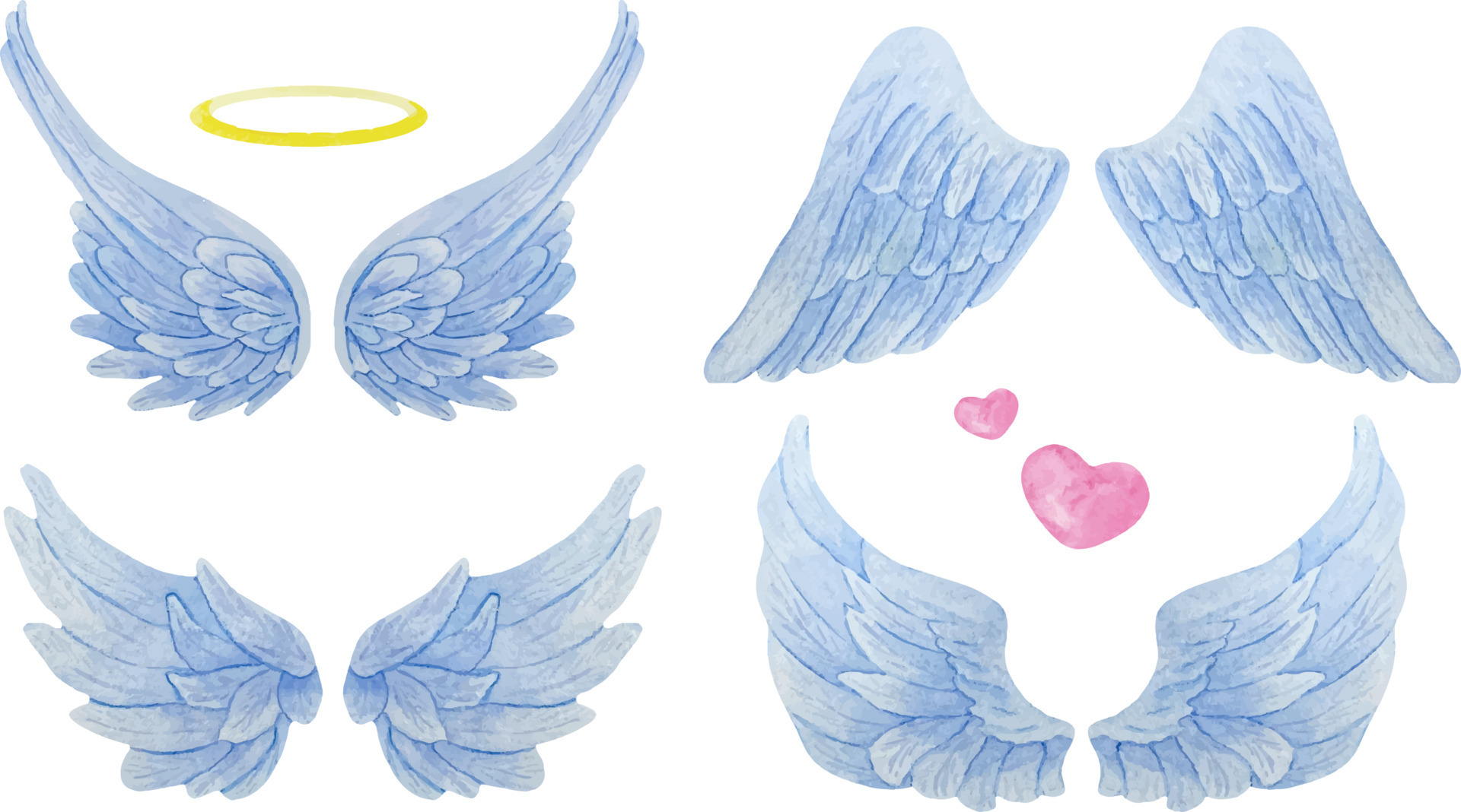 Set of watercolor blue angel wings with gold halo and hearts. Realistic