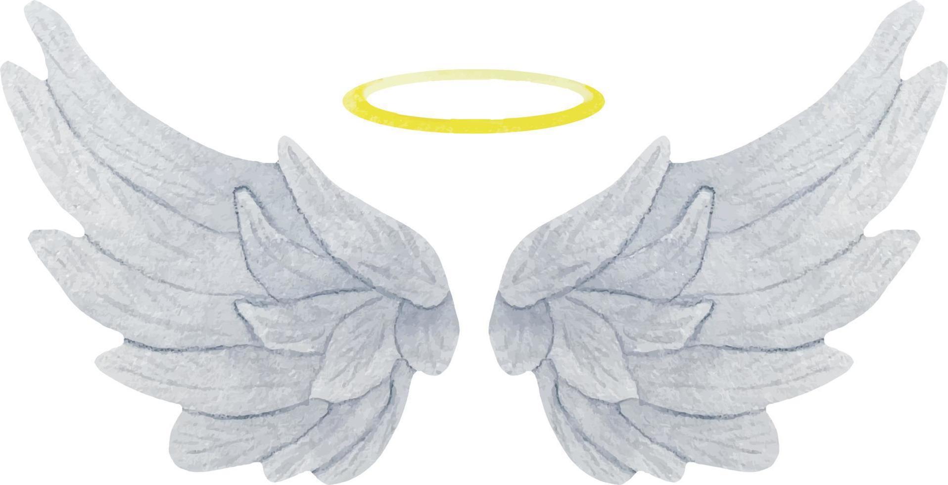Watercolor grey delicate angel wings with gold halo. Realistic wings illustration. 11410115