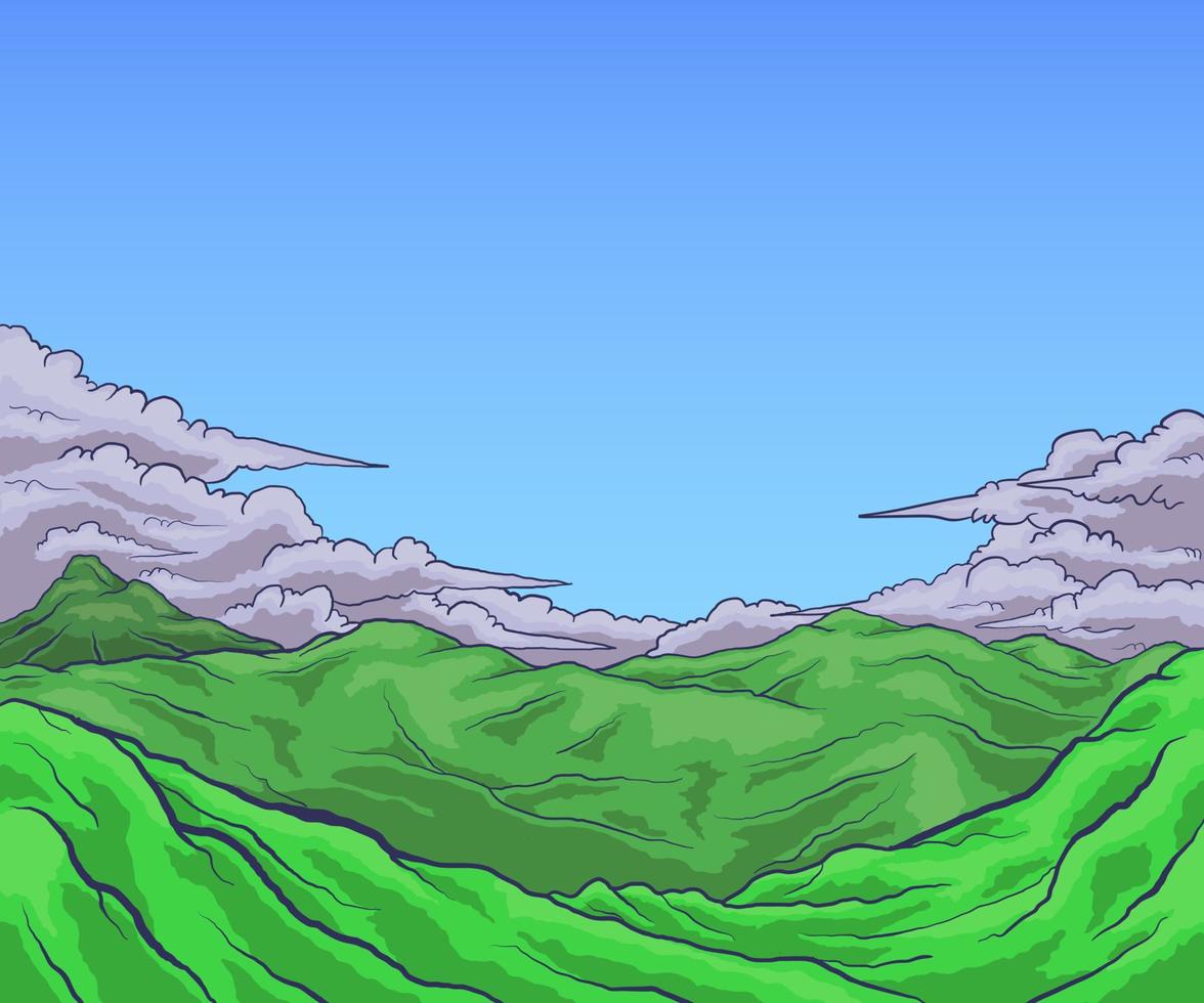 naturaleza paisaje nublado con montañas y cielo azul claro ilustración de diseño vector