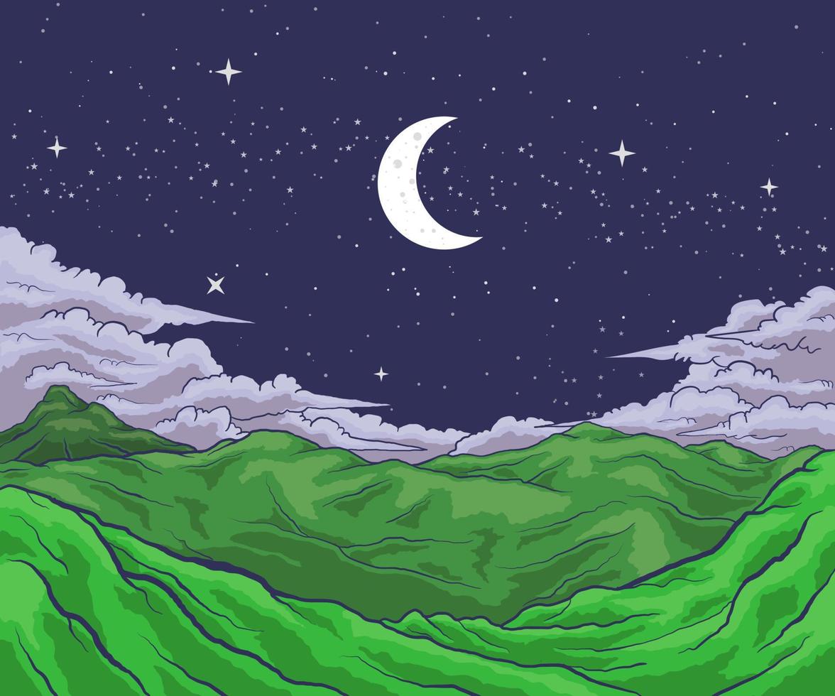 naturaleza paisaje nublado con montañas y luna creciente en el cielo nocturno vector