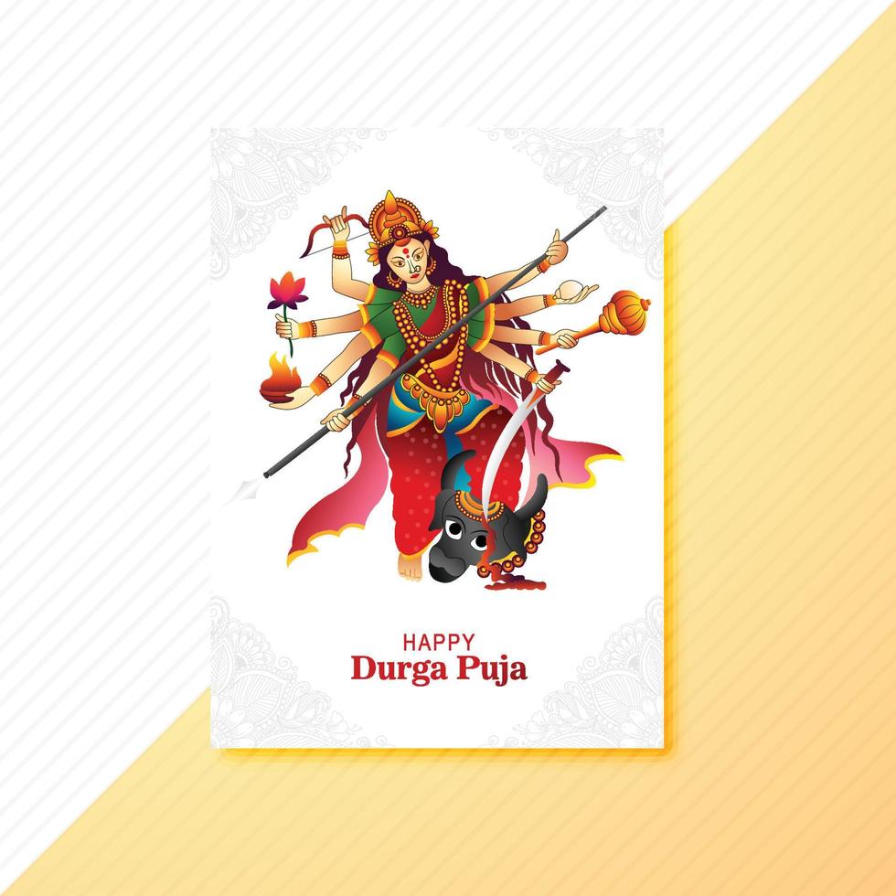 Goddess durga face in happy durga puja subh navratri card brochure template design vector