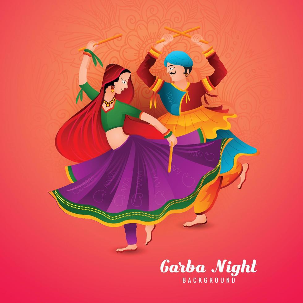 ilustración de una pareja jugando dandiya en el fondo de la celebración de la noche disco garba vector