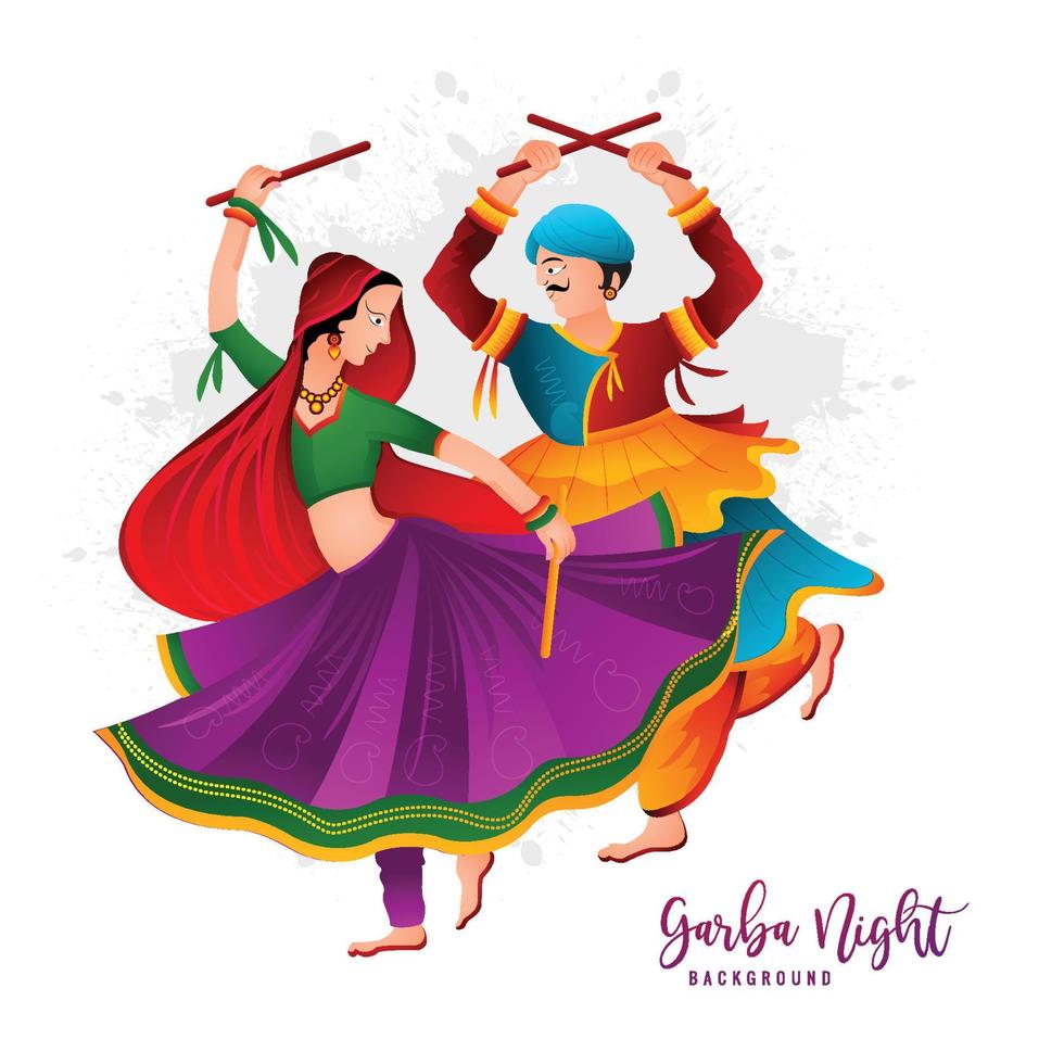 Beautiful couple playing dandiya in disco garba night background vector