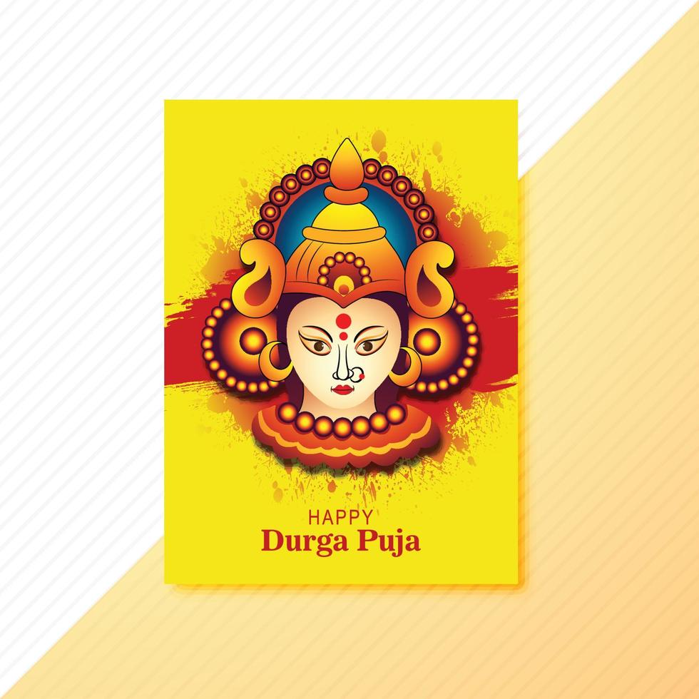 Goddess durga face in happy durga puja subh navratri card brochure template design vector