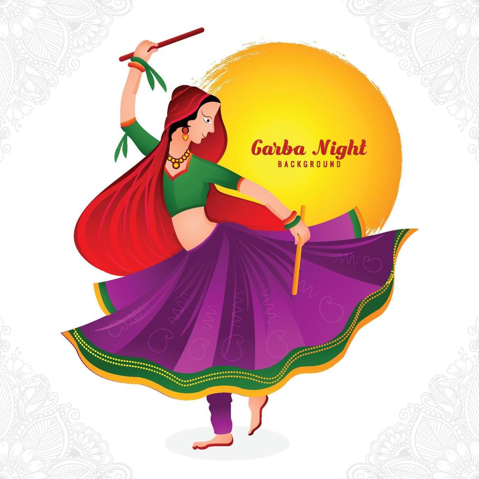 garba noche hermosa mujer jugando garba y dandiya diseño de ilustración de tarjeta de celebración vector