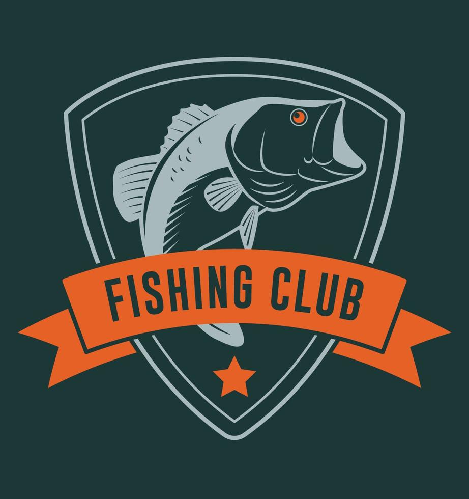 insignia del club de pesca con cinta y lubina ilustración para camiseta y otros usos vector