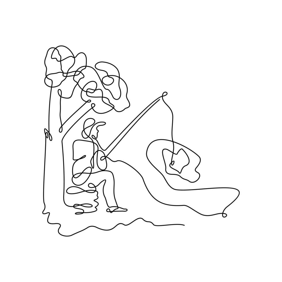 One Line Drawing of Happy Young Fisherman vector