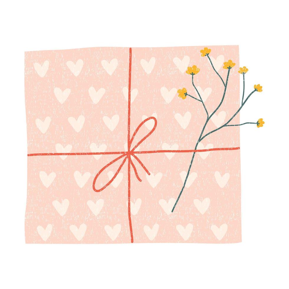Cute gift box with heart, red ribbon and flower branch vector