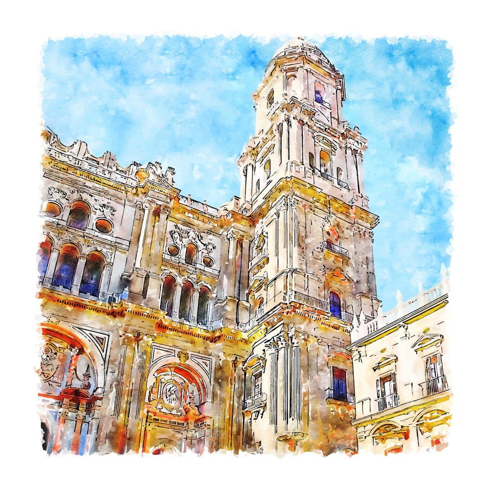 catedral de málaga españa acuarela boceto dibujado a mano ilustración vector