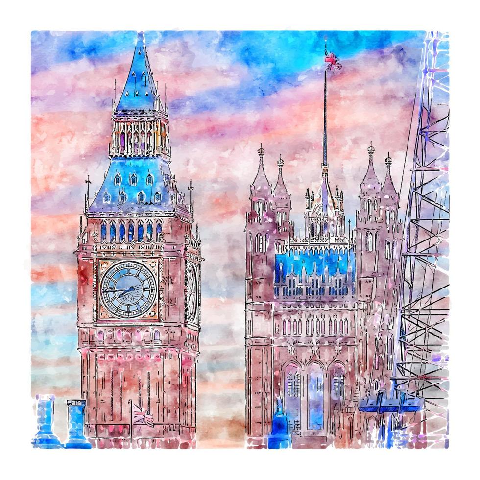 Big Ben London United Kingdom Watercolor sketch hand drawn illustration