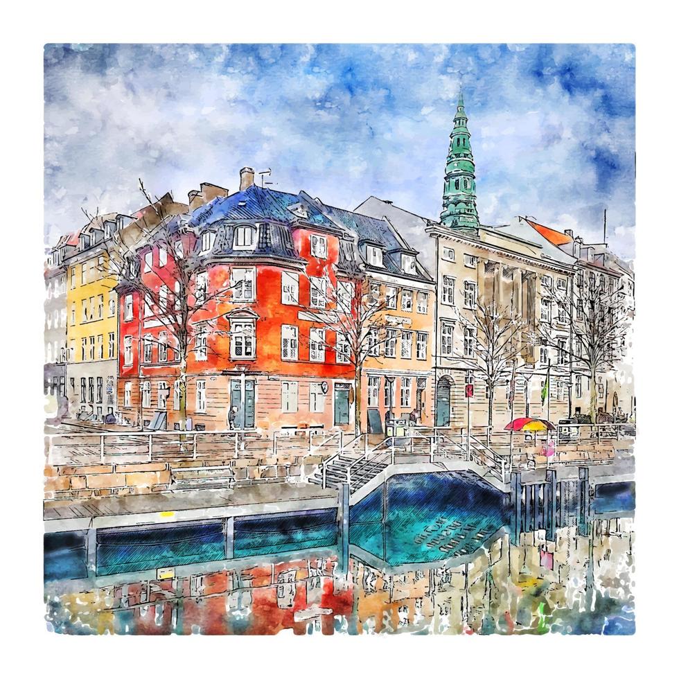 Copenhagen Denmark Watercolor sketch hand drawn illustration vector