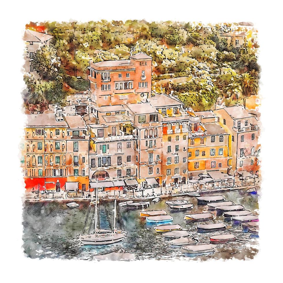 Portofino Italy Watercolor sketch hand drawn illustration vector