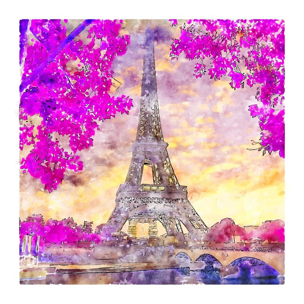 Eiffel Tower Paris France Watercolor sketch hand drawn illustration vector