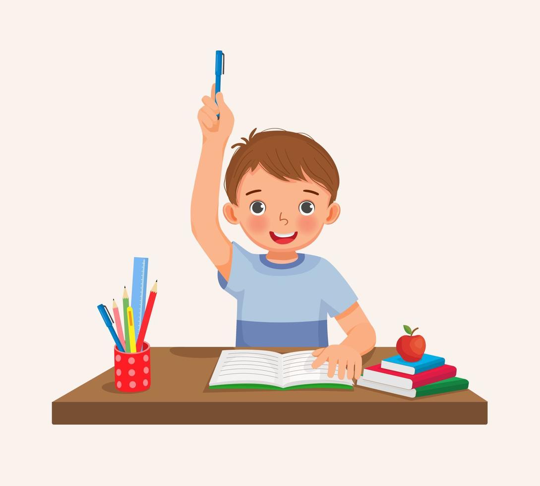 Cute little boy student rising hand answering question sitting at her desk in the classroom vector