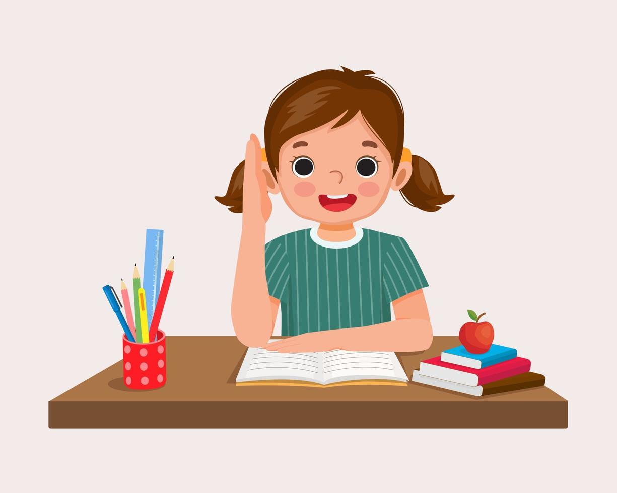 niña feliz estudiante levantando la mano respondiendo a la pregunta sentada en su escritorio en el aula vector