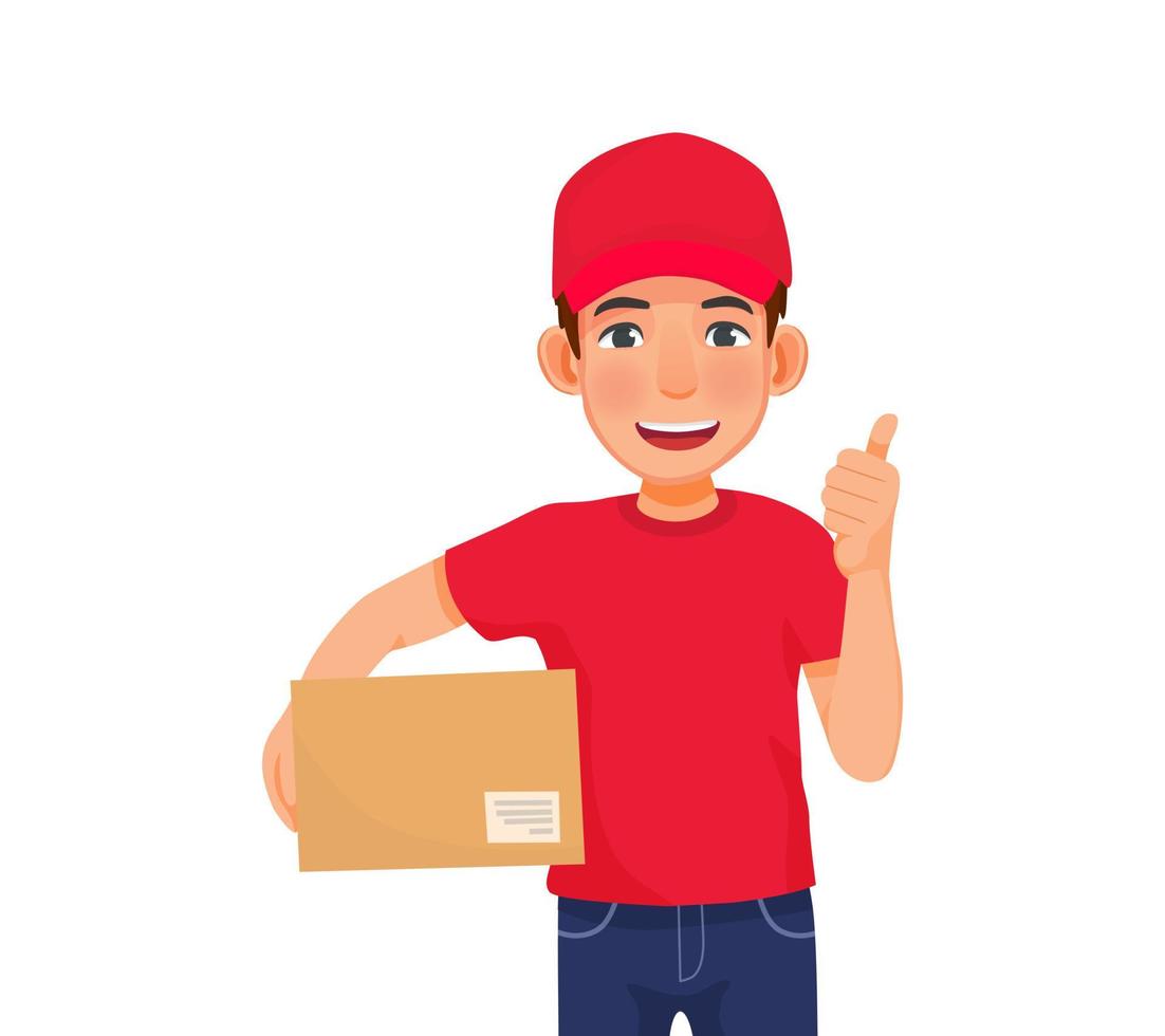 joven y apuesto repartidor con uniforme de camiseta con gorra roja sosteniendo un paquete de caja mostrando el gesto de la mano con el pulgar hacia arriba vector