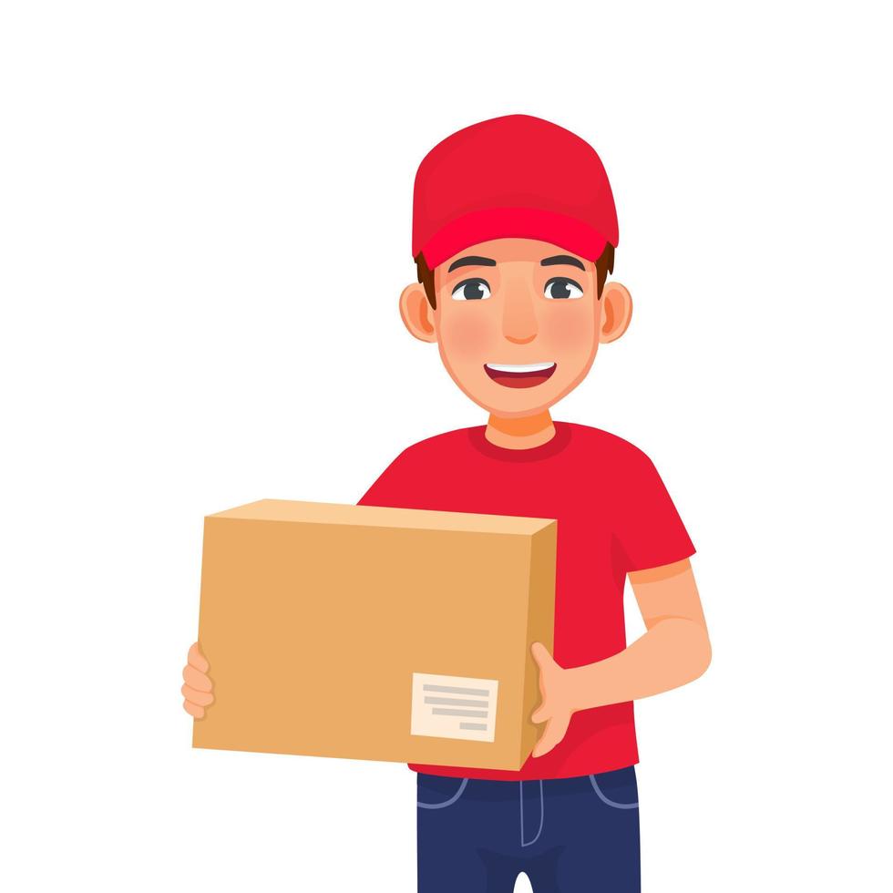 Young handsome delivery service man in red cap t-shirt uniform holding box parcel vector