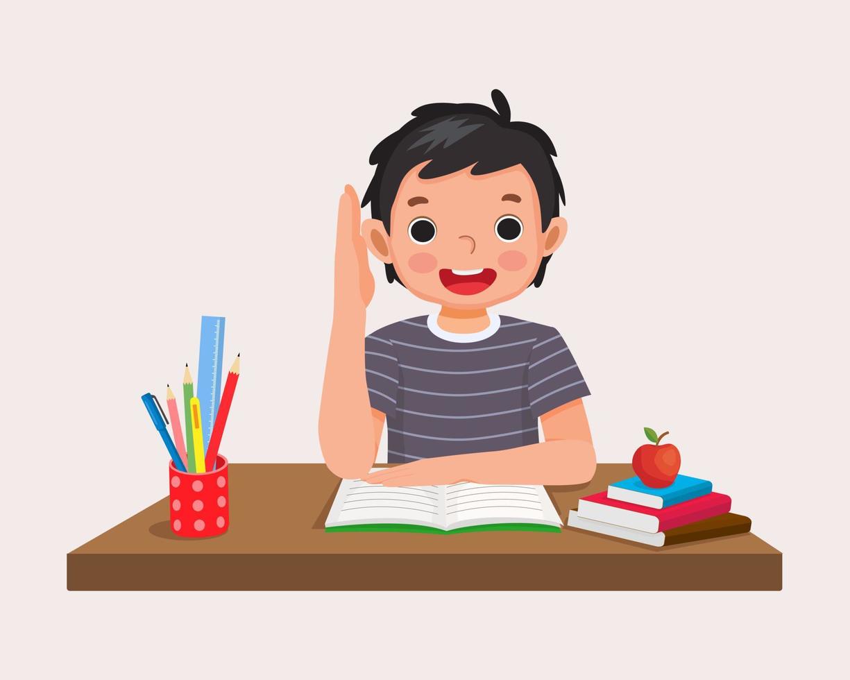 happy little boy student rising hand answering question sitting at her desk in the classroom vector