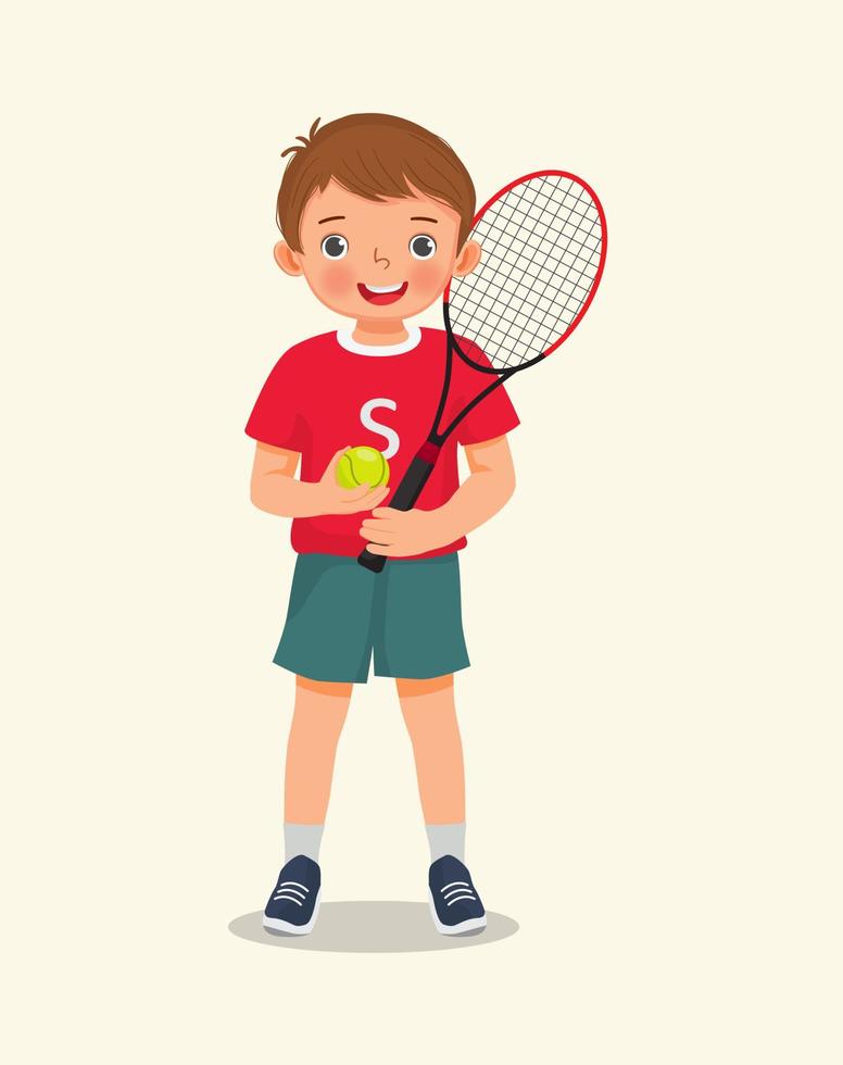 lindo niño atleta sosteniendo raqueta de tenis y pelota lista para jugar tenis en el club deportivo vector