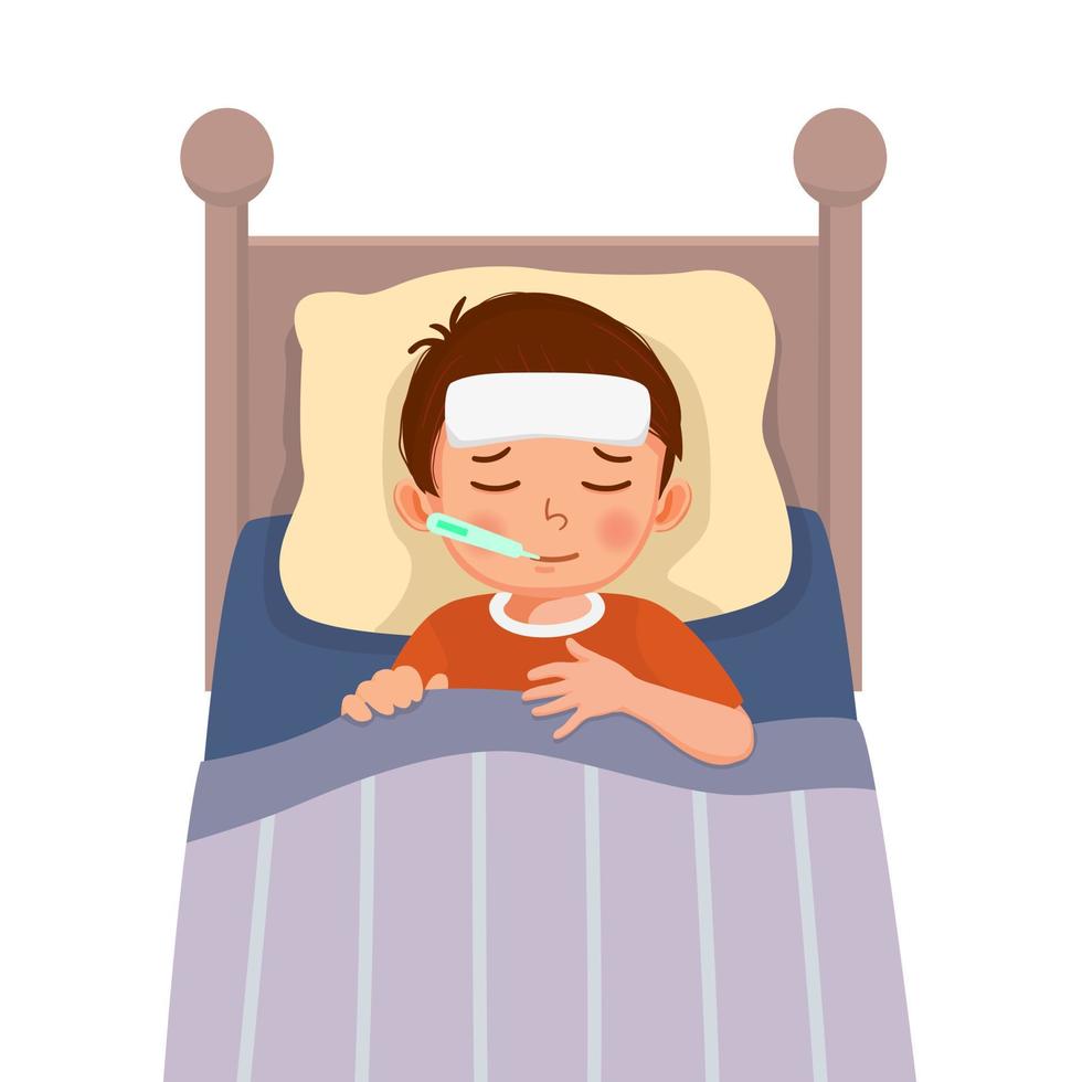 sick little boy has high fever flu and cold lying on bed with thermometer in his mouth vector