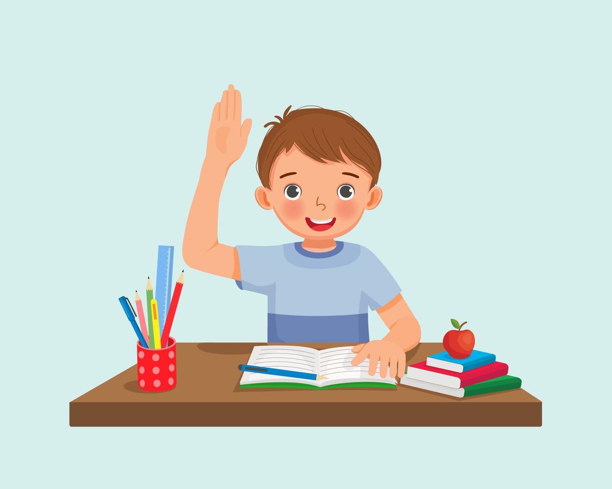 Cute little boy student rising hand asking question sitting at her desk in the classroom vector