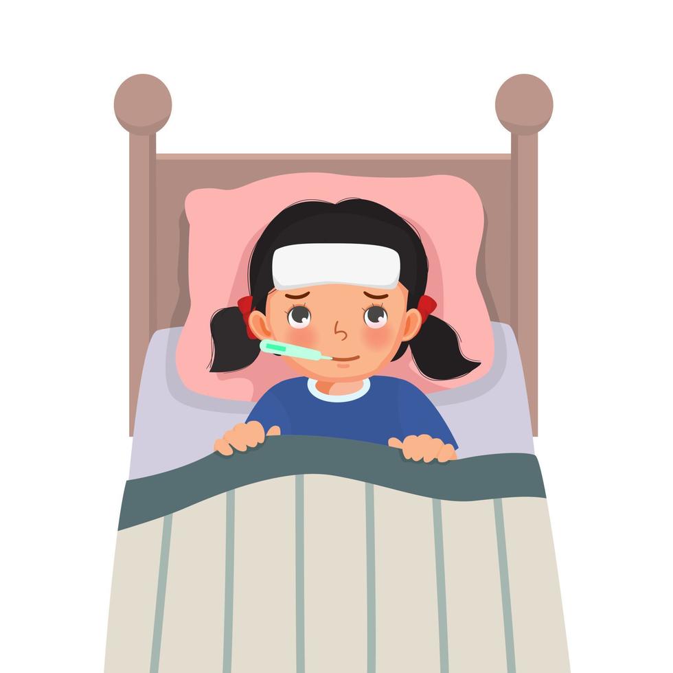 la niña enferma tiene fiebre alta, gripe y resfriado acostado en la cama con termómetro en la boca vector