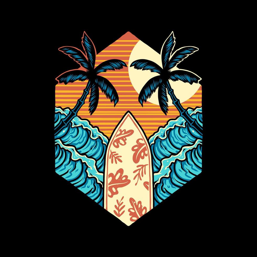 diseño gráfico de camiseta de playa de verano de surf, línea dibujada a mano con color digital, ilustración vectorial vector