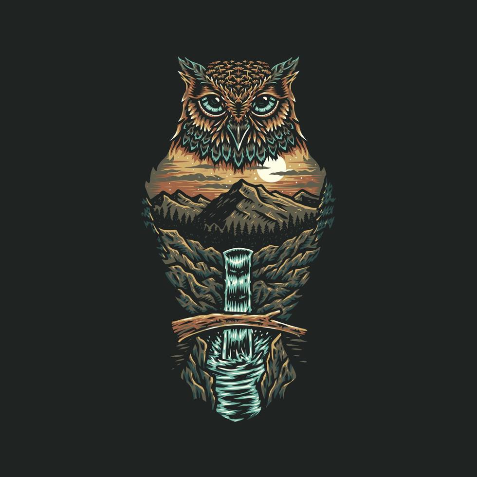 Owl forest, hand drawn line style with digital color, vector illustration