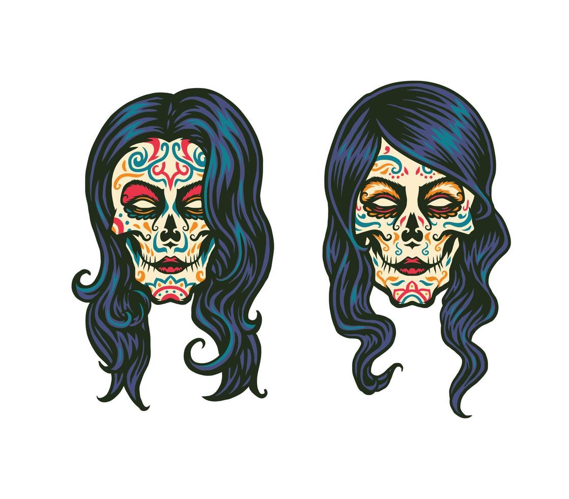 Sugar skull girl, hand drawn line style with digital color, vector illustration
