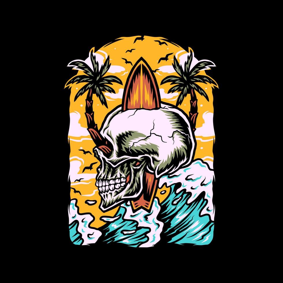 diseño gráfico de camiseta de playa de verano de cráneo, línea dibujada a mano con color digital, ilustración vectorial vector