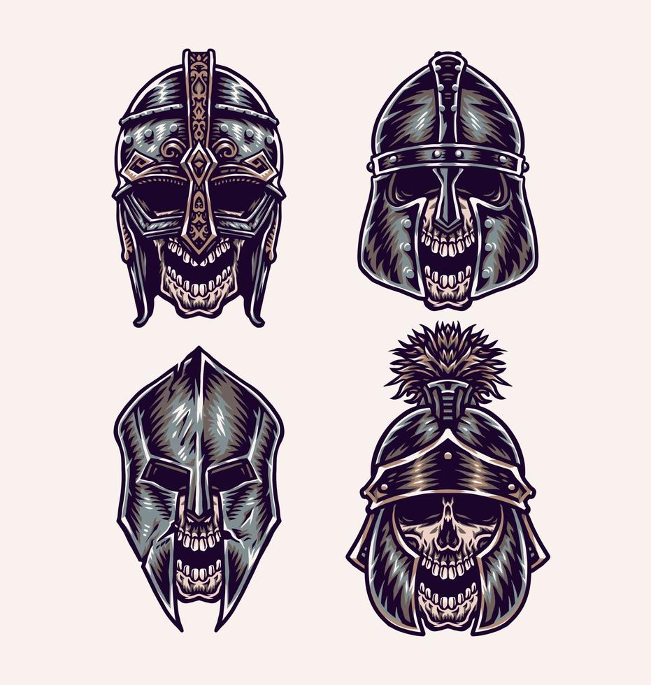 Set of skull wearing helmet, hand drawn line style with digital color, vector illustration