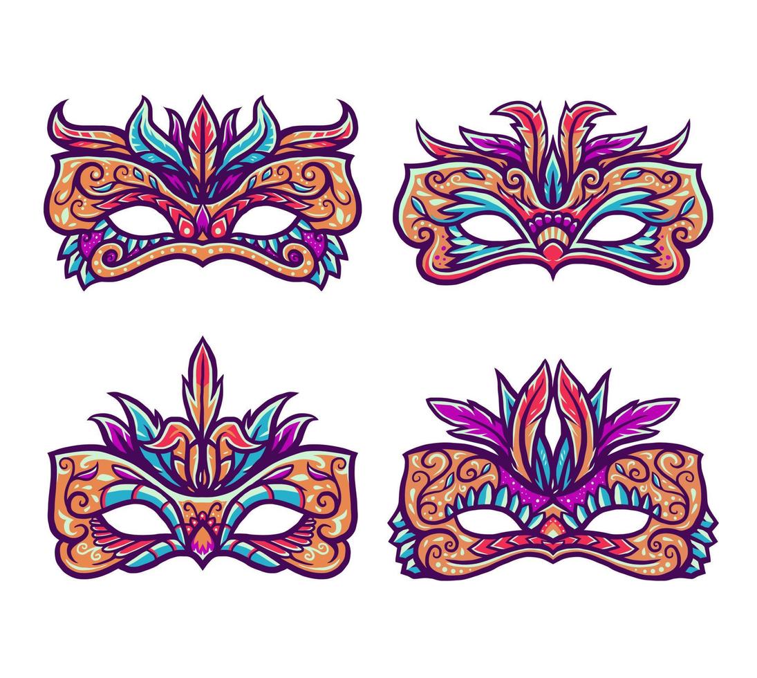 Set of carnival mask, hand drawn line with digital color, vector illustration