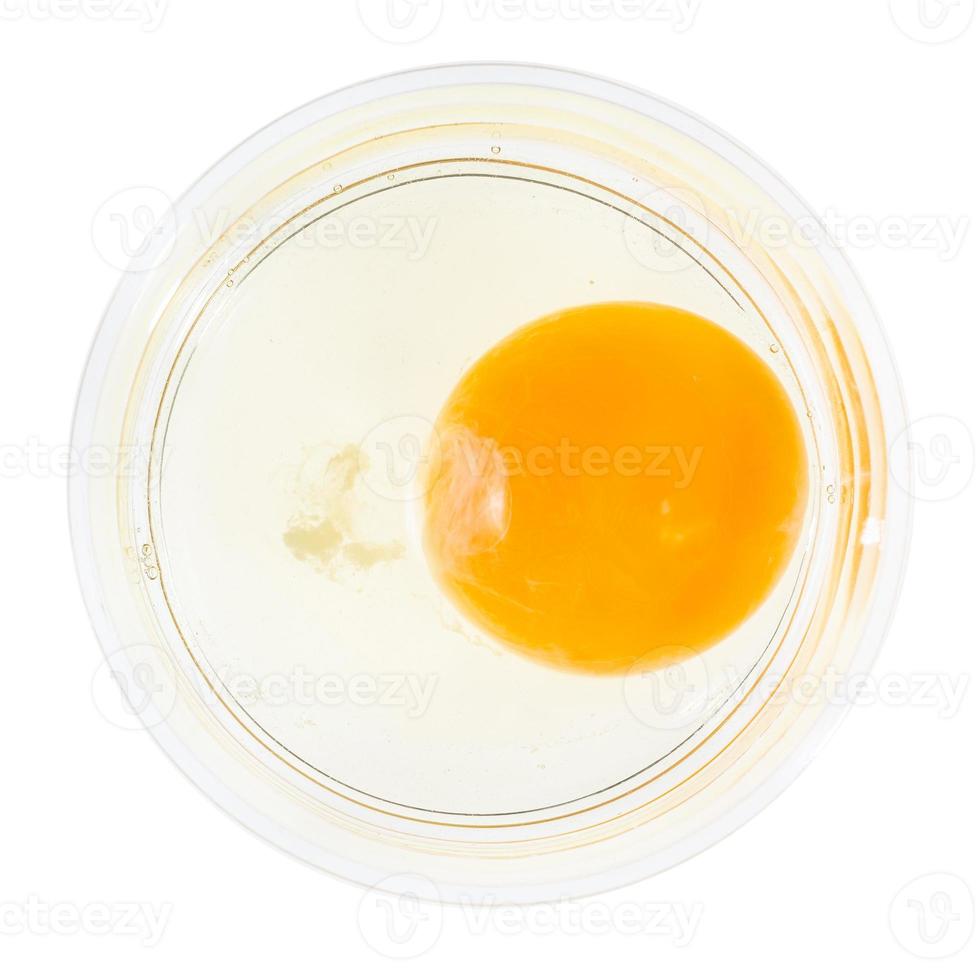 top view of raw egg in glass bowl isolated photo