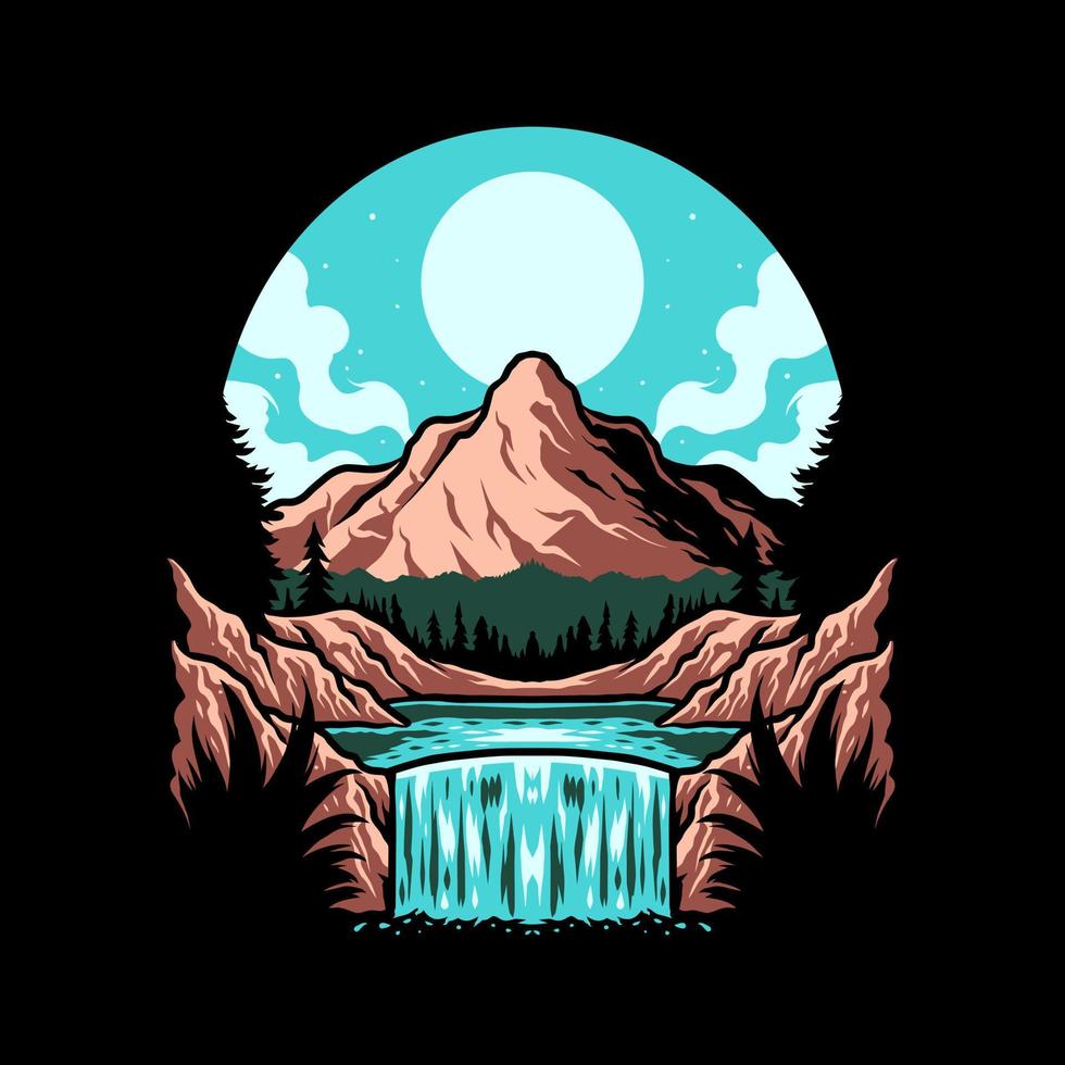 montañas con diseño gráfico de camiseta de río, línea dibujada a mano con color digital, ilustración vectorial vector