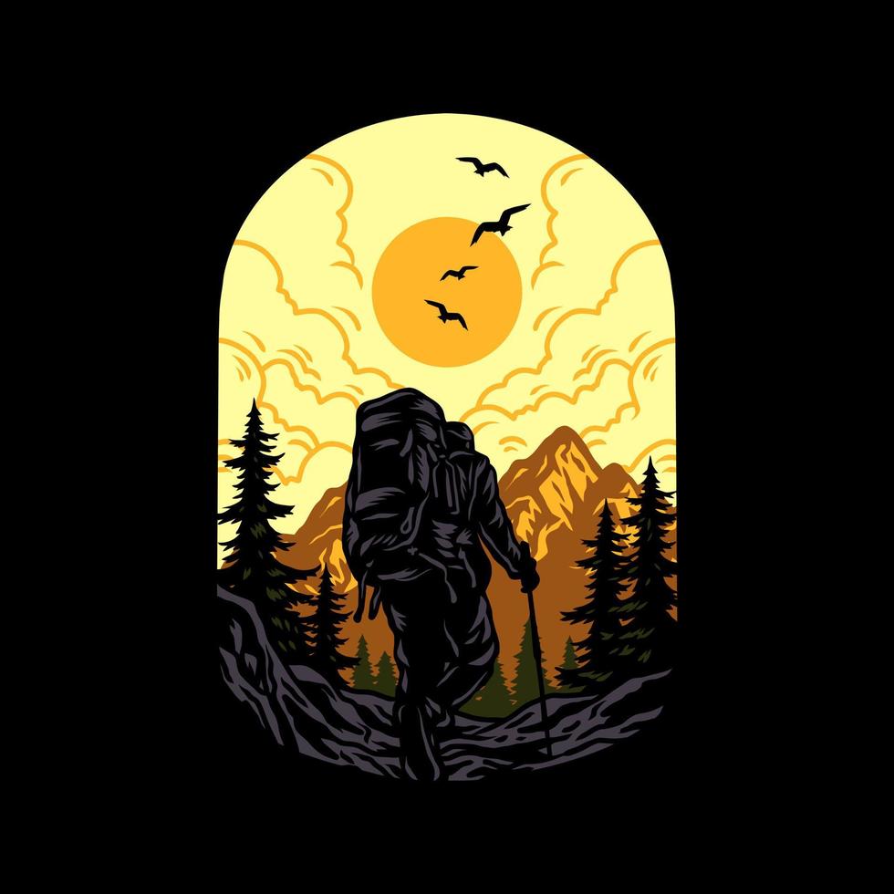 Hiking Adventure t-shirt graphic design, hand drawn line with digital color, vector illustration