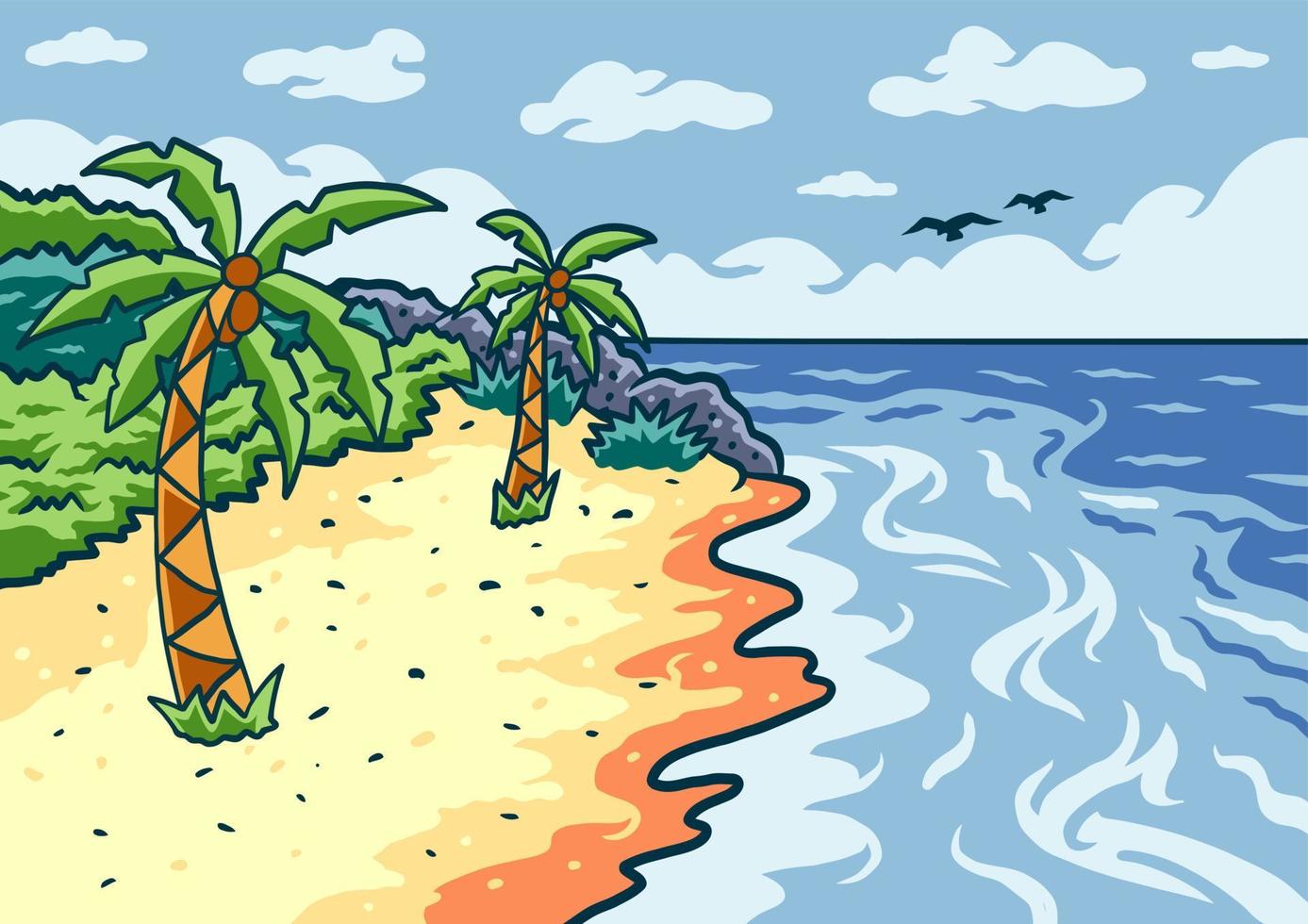 fondo de playa de dibujos animados, estilo de línea dibujada a mano con color digital, ilustración vectorial vector