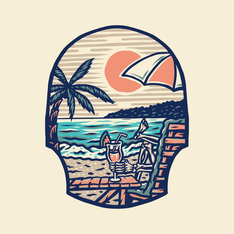 Summer beach t-shirt graphic design, hand drawn line style with digital color, vector illustration