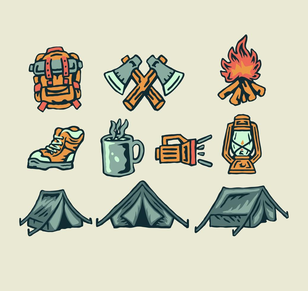 elementos de camping, estilo de línea dibujada a mano con color digital, ilustración vectorial vector