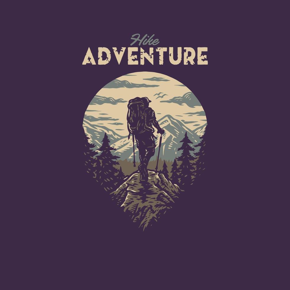 diseño gráfico de camiseta de aventura de caminata, estilo de línea dibujada a mano con color digital, ilustración vectorial vector