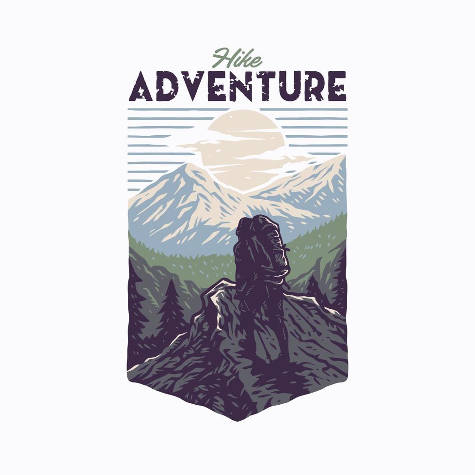 Hike adventure t shirt graphic design, hand drawn line style with digital color, vector illustration