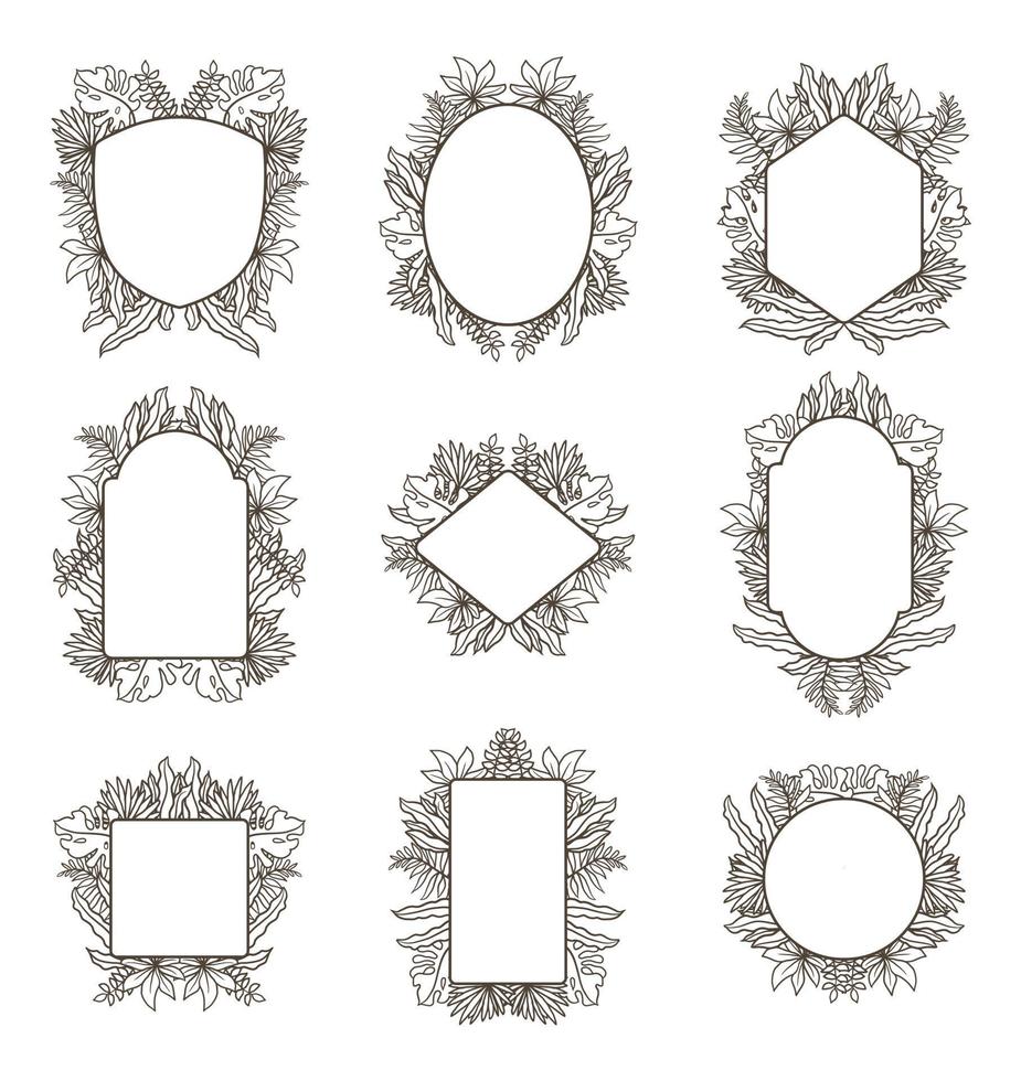 Set of hand drawn floral frame, isolated on white background vector