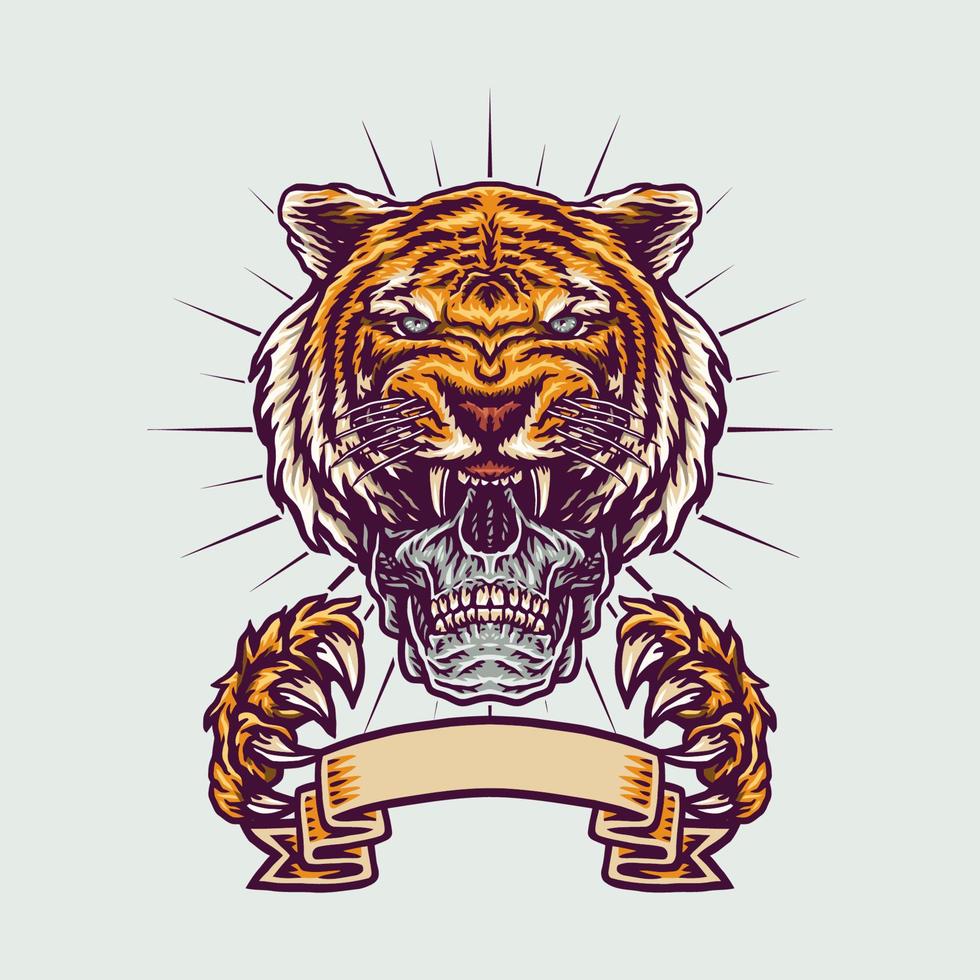 Skull in tiger claws color illustrations using a hand drawing style continued with digital coloring, this is a combination of hand drawing style and digital color vector